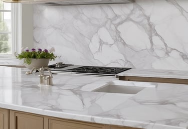A skilled technician carefully polishing a marble countertop in a bright kitchen.