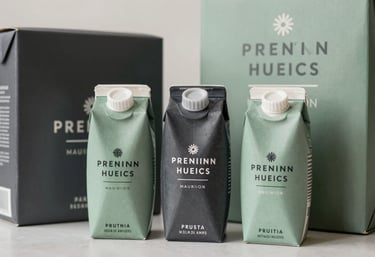 A group of premium straight tuck end cartons in varying sizes, featuring minimalist charcoal and sage green branding. Sharp focus, clean lighting, North American / US packaging design.