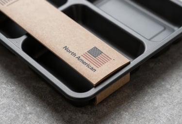 A custom die-cut packaging tray and sleeve assembly shown from a high angle. The construction shows precision edges and high-quality printed textures. North American / US retail style.