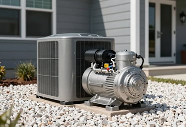 A shiny new HVAC compressor unit installed outdoors next to a modern North American / US home, surrounded by cloud white gravel.
