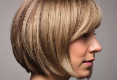 Rear view of a messy bob haircut with blonde highlights and wavy texture at a hair salon.