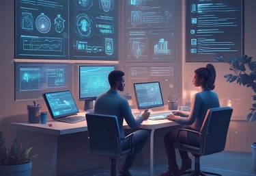 Abstract digital network with glowing nodes and circuit traces in midnight blue and bright tech accents.