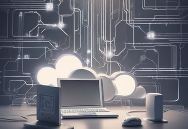 Close-up of a stylized atom model with orbiting electrons rendered in bright tech accent colors.