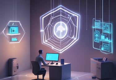 Stylized atom-inspired graphic with interconnected molecules glowing against a charcoal background.