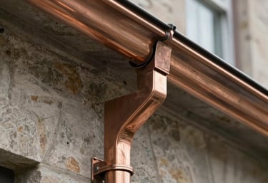 A close-up of a new copper gutter system installed on a stone building, highlighting the precise joints and polished finish, professional photography.