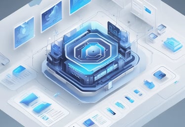 Close-up of a developer coding on a sleek laptop with futuristic digital interface overlays.