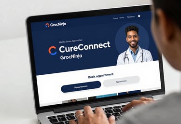 A patient exploring our website a healthcare appointment with a modern dark blue and white UI.
