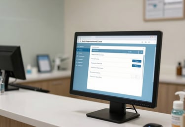 An organized and clean veterinary clinic reception area in a North American / US city, showing a computer screen with an appointment booking interface in soft slate blue colors.