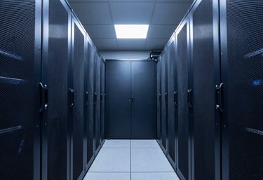 Professional photography of a clean, modern data center aisle in North America with brushed metal panels and soft navy blue lighting, symmetrical composition.
