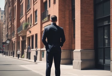Discreet personal security professional standing confidently outside a high-end London venue at dusk.