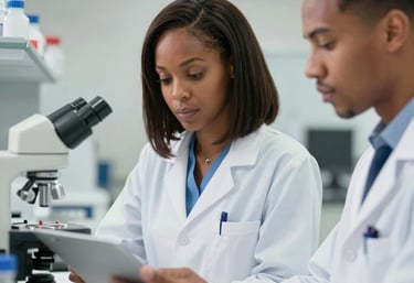 Black doctors engaging with Black patients, explaining medical research and care options in a warm clinic setting.