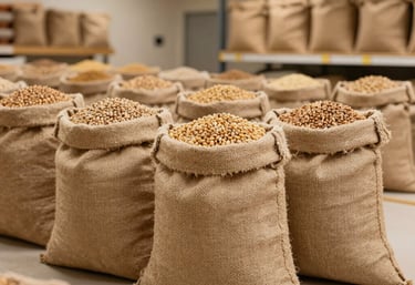 A refined image showing burlap sacks of premium heritage grains in a clean, modern storage facility with muted gold lighting. The image emphasizes texture, quality, and high-end organization.