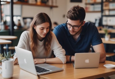 deux jeunes adultes travaillant sur leur macbook dans un coffe shop