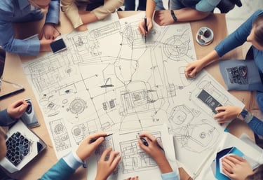 Engineer reviewing detailed water treatment plant design blueprints on a desk.