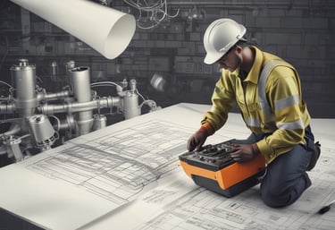Technician inspecting mechanical equipment at a modern sewage treatment facility.