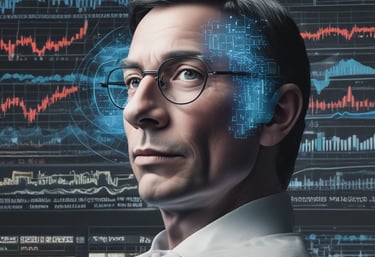 A sleek workspace with multiple monitors displaying complex trading algorithms and market data.