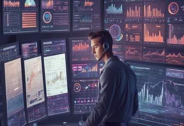 A sleek workspace with multiple monitors displaying complex trading algorithms and market data.