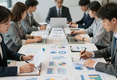 Data analysts in a modern office using laptops and charts to review business performance metrics.