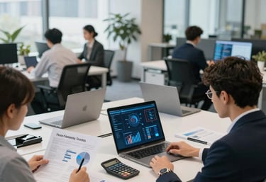 A clean, modern office space with a team collaborating over laptops and documents.
