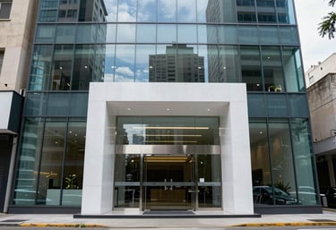 High-resolution photo of a finished commercial glass project in a South American / Brazilian city, featuring a sleek entrance with ice white and steel blue reflections.