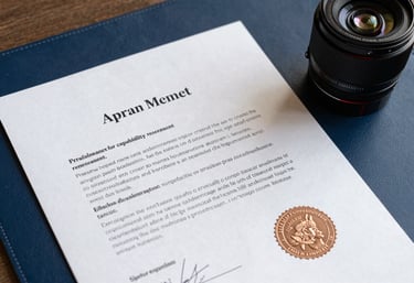 A close-up of a professional capability statement document featuring authoritative typography and a seal, resting on a navy blue leather desk mat.