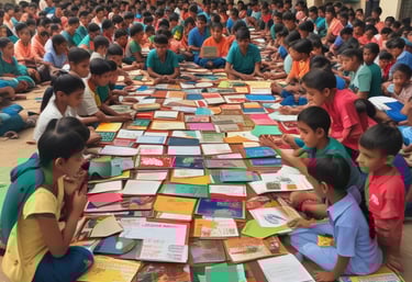 Volunteers handing out school supplies to children in a small village.