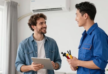 Office manager smiling alongside CoolTrust Aircon technician after quick repair job.