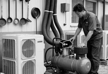 Technician carefully inspecting an air conditioning unit in a modern office setting.