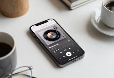 A flat lay of a smartphone showing a radio player app, surrounded by lifestyle items on a light #F8F9FA desk, modern and inviting.
