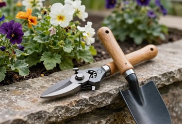 A set of high-quality garden shears and a wooden-handled trowel resting on a rustic stone wall next to flourishing flowers in a serene North American / US garden.