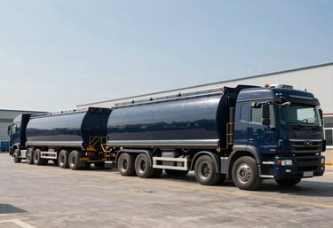 Wide shot of a professional chemical distribution warehouse in a Middle Eastern / Turkish setting. Large dark navy blue trucks are being loaded with chemicals. Clear sky, bright daylight.