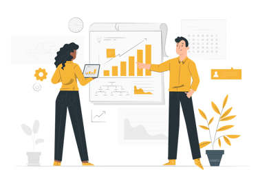 Two business professionals analyzing data charts and growth graphs for strategic planning and reporting.