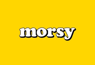 Minimalist Morsy wordmark logo with retro white bubble letters on a solid yellow background.