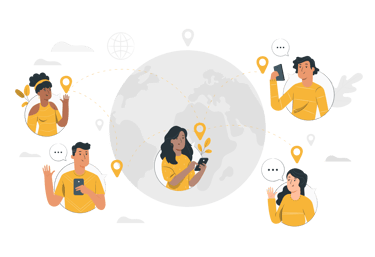 Flat illustration of people globally connected via smartphones on a world map.