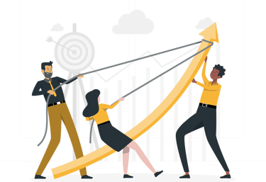 Business team working together to push a large upward arrow representing company growth and financial success.