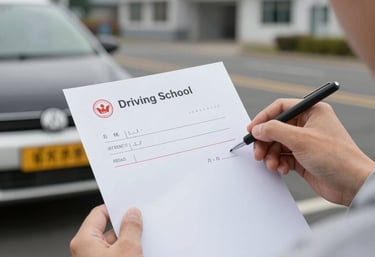 A warm, stylish driving school reception with a friendly woman welcoming a diverse group of learners.