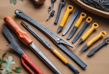 Close-up of sturdy hand tools arranged neatly on a white background.