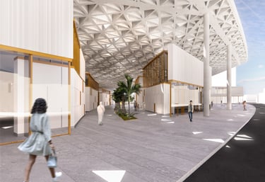 A woman walking down an outdoor path under a triangulated concrete roof