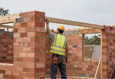 Modern construction site with workers installing high-end finishes in a luxury apartment.
