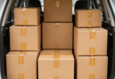 Close-up of a delivery person scanning a package with a handheld device inside a modern delivery van.