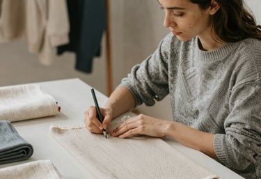Behind-the-scenes shot of the agency team planning content around a matte forest green table, laptops open and coffee cups steaming.