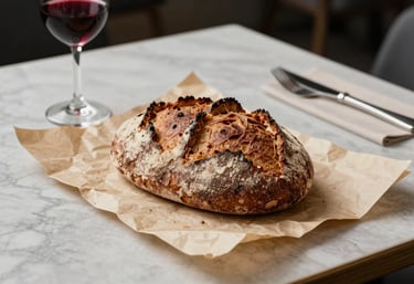 A crisp parchment-toned table setting with artisanal bread and wine, highlighting the sophisticated elegance of a modern European bistro at dusk.