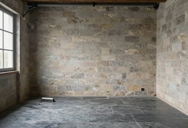 A clean and tidy garage interior in &Icirc;le-de-France after a complete decluttering service. The floor is swept, and the walls are clear of junk. Professional lighting showing a job well done in shades of stone gray and slate.