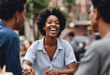 A warm, inviting coaching session with a smiling woman confidently speaking French in a cozy Parisian café.