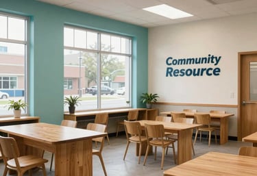 A professional interior photograph of a community resource center in the US. The space is clean and welcoming, with large windows, warm wooden furniture, and walls painted in soft teal and off-white tones.