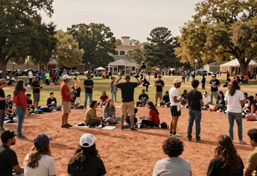 A wide-angle shot of a local North American community gathering in a park, diverse groups interacting, warm terracotta sunlight, conveying unity and resilience.