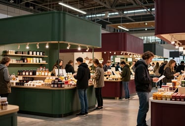 Wide shot of a bustling modern indoor food market with stalls featuring artisanal goods, warm lighting, and people interacting. Hints of matte forest green and deep ripe crimson in the stall decor.