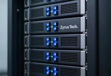 A close-up shot of a sleek server array with glowing electric blue indicators, highlighting the robust and advanced infrastructure behind Zyrus Tech.