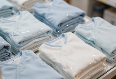 Close-up of soft cotton baby nursing covers and maternity safety items neatly folded in retail-ready packaging, using soft blue and white tones.