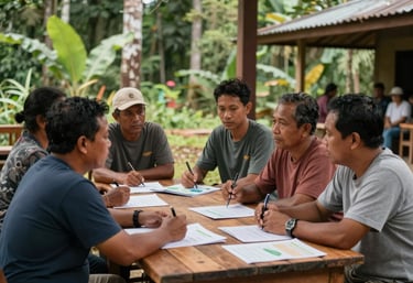 A documentary-style photo of an Indonesian community center in a rural forest area, people gathered around a wooden table discussing conservation plans, warm and professional lighting.